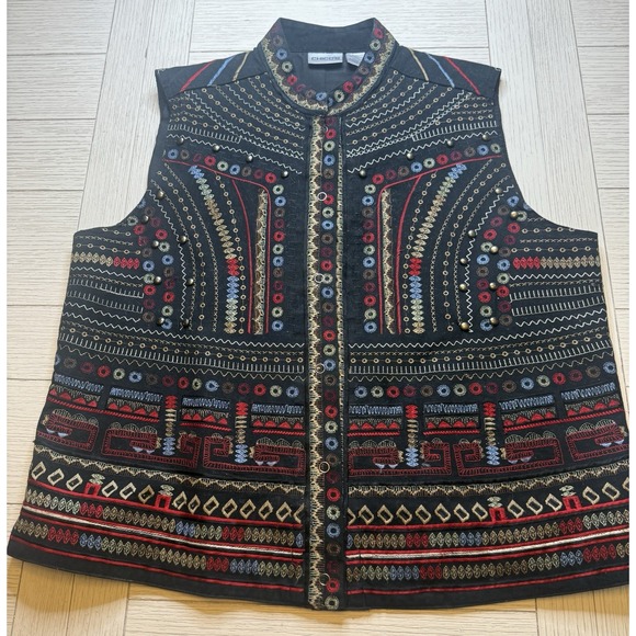 Chico's Embroidered Studded Vest Snap‎ Front Boho Chic Indie Multicolor Size 2 - Picture 1 of 8